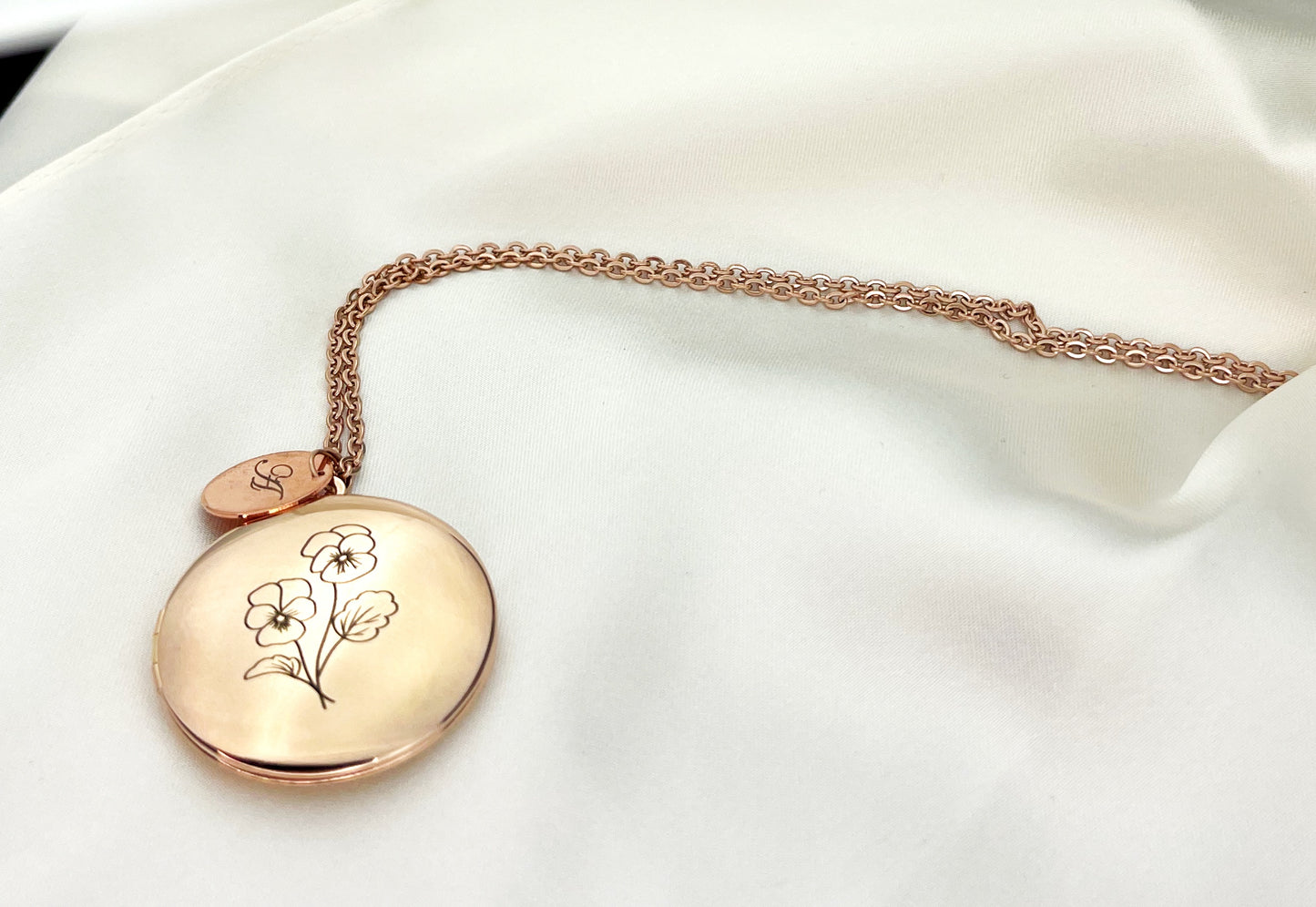 Personalisierbare GEBURTSBLUME Foto Medaillon Halskette mit Fotoservice und GRAVUR - VIK-77