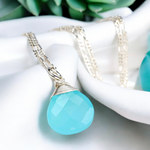 Chalcedon Drop Silver Chain - 925 Sterling Silver Blue Crystal Gem Necklace - K925-69