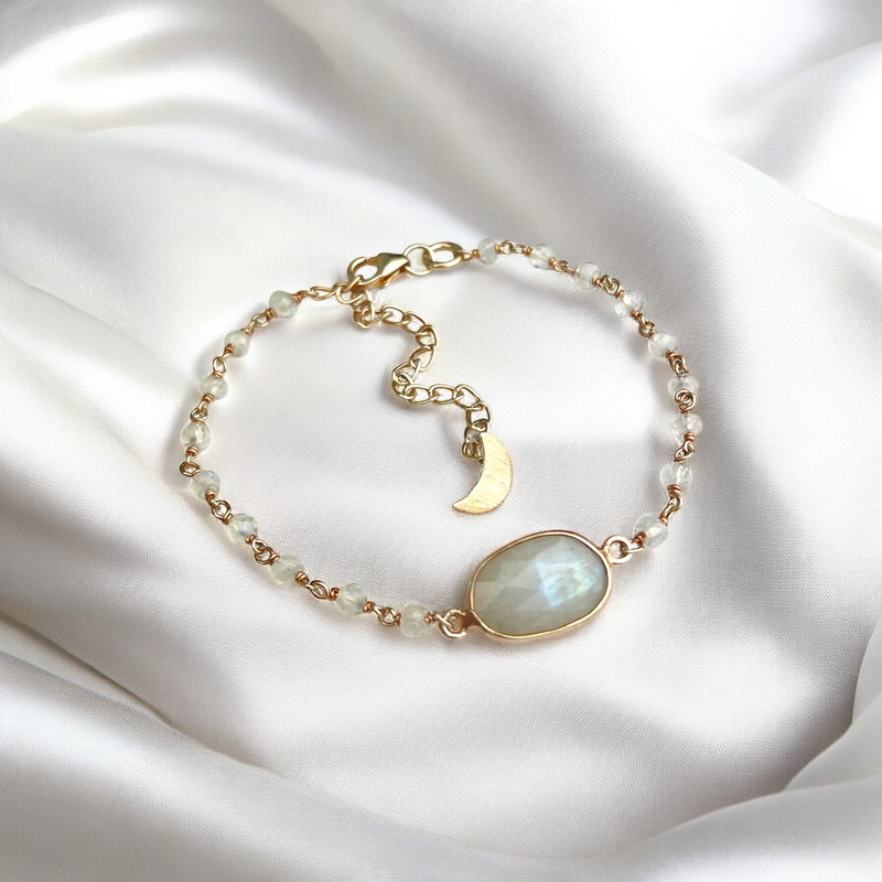 925 Sterling Silber Rosévergoldetes Armband mit echtem Mondstein – Sichelmond Edition