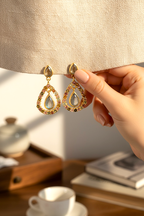 Luxuriöse 18K vergoldete 925 Sterling Silber Ohrringe mit Labradorit & Turmalin – Tropfenform, handgefertigt, 3,5 cm, hypoallergen