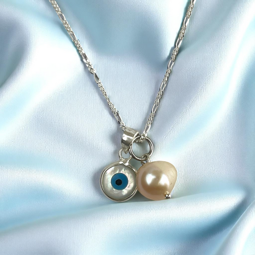 925 Sterling Silber Nazar Auge Kette mit Perlmutt & Süßwasserperle – Schutzkette gegen bösen Blick | Glücksbringer Halskette Damen | Geschenkidee Frauen