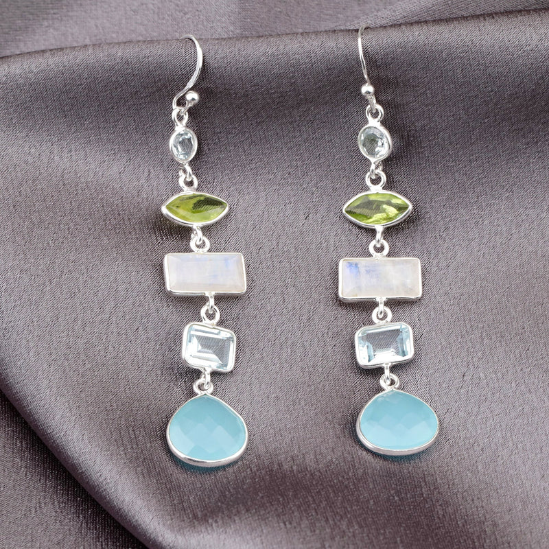 Multi Edelstein Ohrringe - 925 Sterling Silber - Bergkristall, Aquamarin, Mondstein, Peridot, Chalcedon - OHR925-55