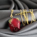 Echte Rote Rose Anhänger Halskette - 925 Sterling Gold Vergoldet - PR052