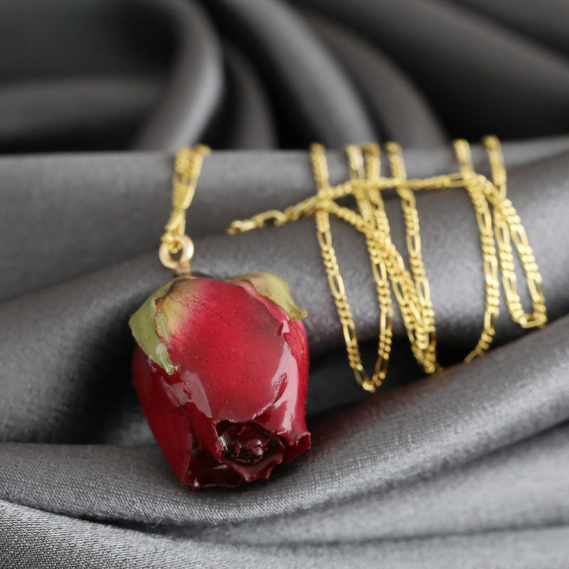 Echte Rote Rose Anhänger Halskette - 925 Sterling Gold Vergoldet - PR052