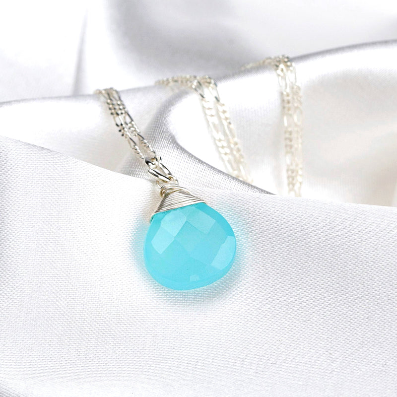 Chalcedon Drop Silver Chain - 925 Sterling Silver Blue Crystal Gem Necklace - K925-69