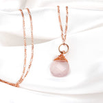 Różowy Łańcuch Drop Kwarcowy 925 Sterling RoseGold Pozłacany Pink Gem Aura Naszyjnik K925-71