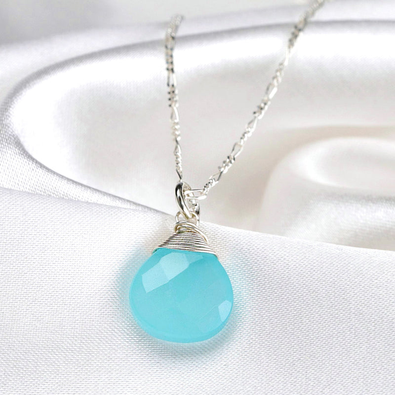 Chalcedon Drop Silver Chain - 925 Sterling Silver Blue Crystal Gem Necklace - K925-69