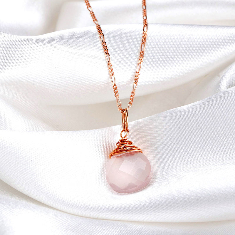 Różowy Łańcuch Drop Kwarcowy 925 Sterling RoseGold Pozłacany Pink Gem Aura Naszyjnik K925-71