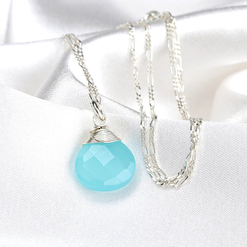 Chalcedon Drop Silver Chain - 925 Sterling Silver Blue Crystal Gem Necklace - K925-69