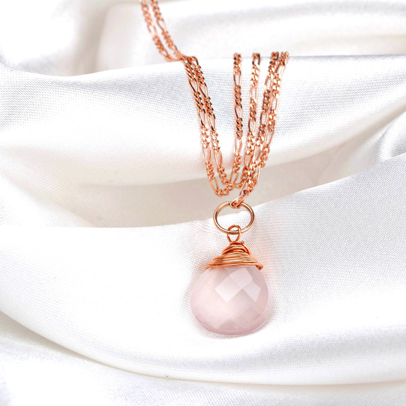 Różowy Łańcuch Drop Kwarcowy 925 Sterling RoseGold Pozłacany Pink Gem Aura Naszyjnik K925-71