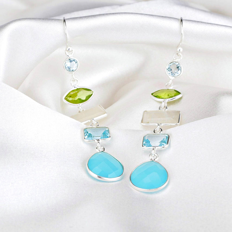 Multi Edelstein Ohrringe - 925 Sterling Silber - Bergkristall, Aquamarin, Mondstein, Peridot, Chalcedon - OHR925-55