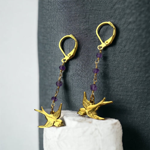 Amethyst Swallows Gold Earrings - Vinohr-61