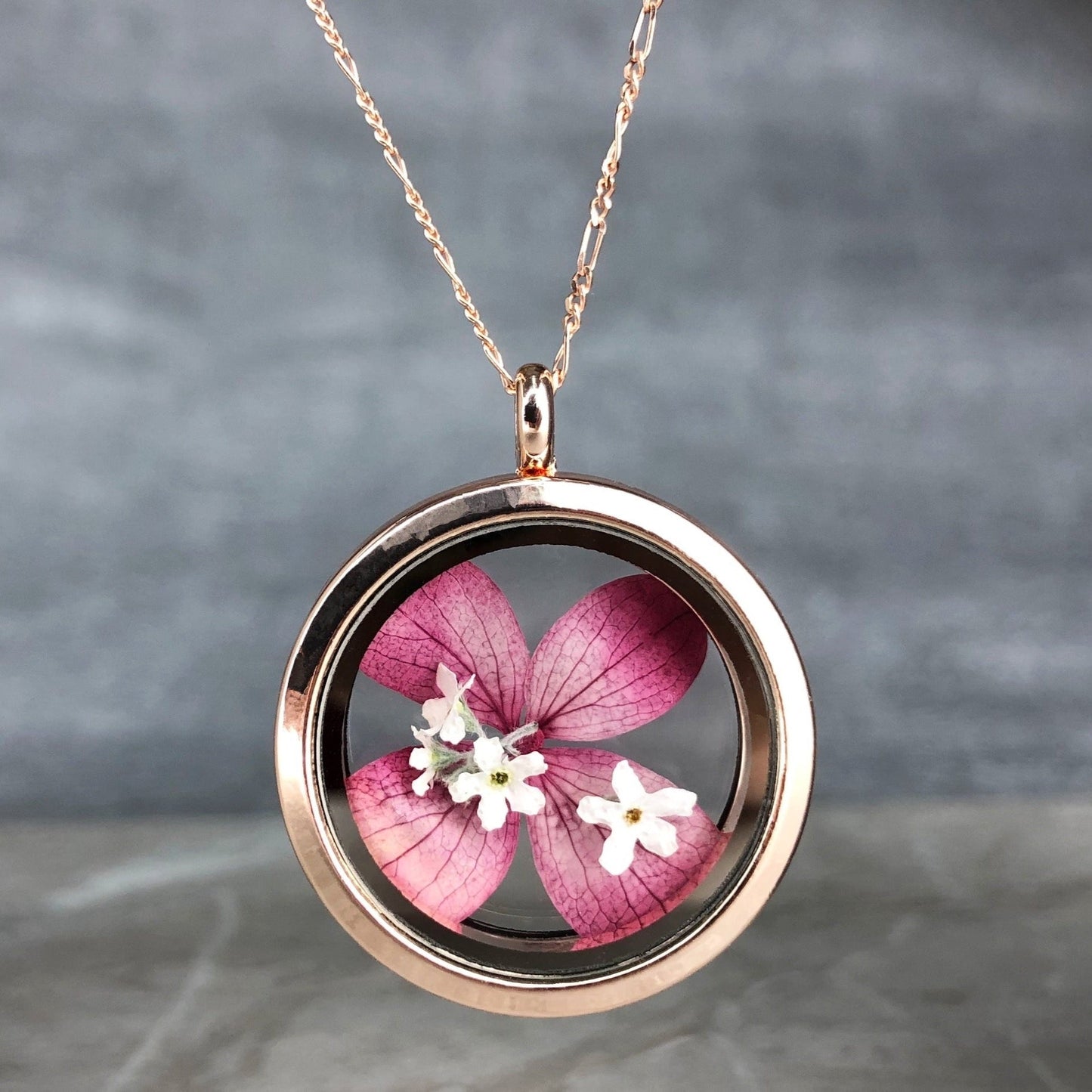 Hortensja i Forget-Me-Blossoms 925 Sterling RoseGold Zielony Łańcuch Medalion