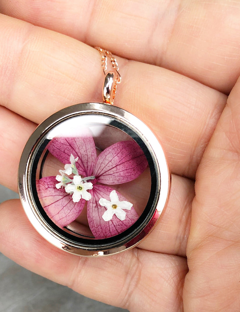 Hortensja i Forget-Me-Blossoms 925 Sterling RoseGold Zielony Łańcuch Medalion