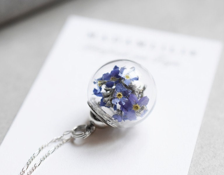 Forget-Me-Not Flowers 925 Sterling Silver Naszyjnik - Terrarium Botaniczny Łańcuch - K925-41