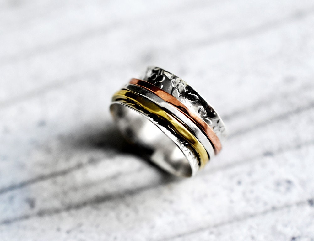Kwiatowy pierścionek medytacyjny z trzema kolorowymi wstążkami - pierścień srebrny 925 Sterling - RG925-25