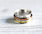 Floraler Meditationsring mit Dreifarbigen Band - 925 Sterling Silber Drehring - RG925-25