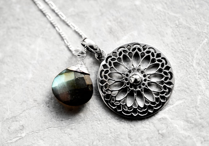 Labradorit Edelstein Mandala Schmuck-Set - 925 Sterling Silber Meditation Kette  - K925-118