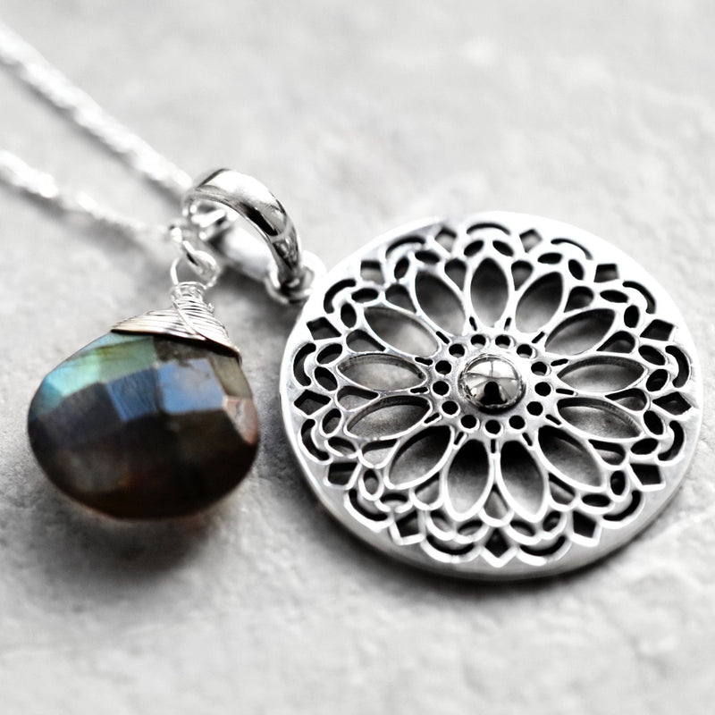 Labradorit Edelstein Mandala Schmuck-Set - 925 Sterling Silber Meditation Kette  - K925-118