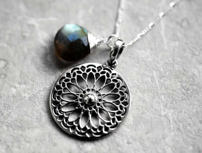 Labradorit Edelstein Mandala Schmuck-Set - 925 Sterling Silber Meditation Kette  - K925-118