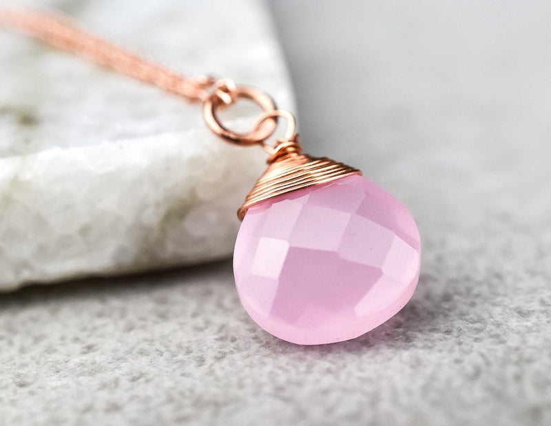 Różowy Łańcuch Drop Kwarcowy 925 Sterling RoseGold Pozłacany Pink Gem Aura Naszyjnik K925-71