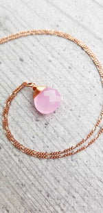 Różowy Łańcuch Drop Kwarcowy 925 Sterling RoseGold Pozłacany Pink Gem Aura Naszyjnik K925-71