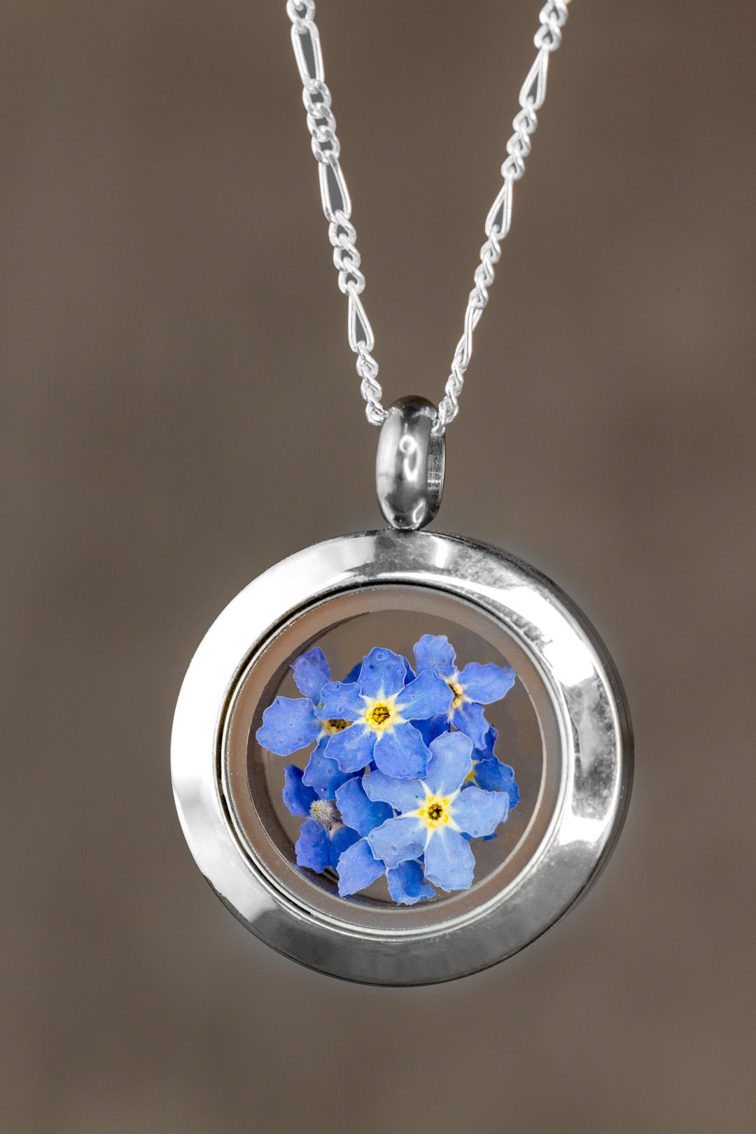 Niezapomnij Me-Not Flowers Medalion - Medalion szklany z oryginalnymi kwiatami 925 Sterling Silver Naszyjnik - K925-134
