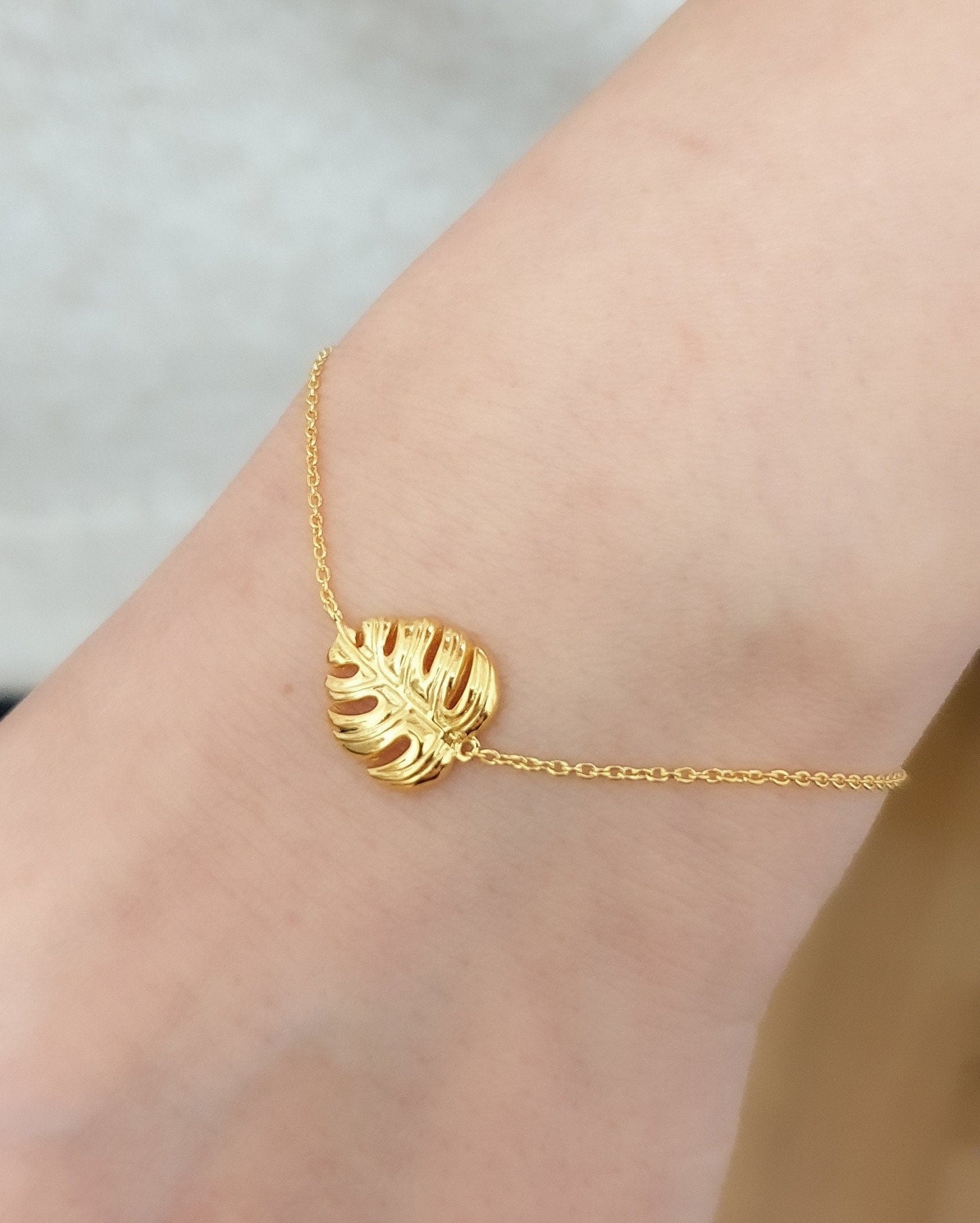 Monstera Leaf Gold Bransoletka - 925 Sterling Gold Gilded Nature Jewelry - Arm925-46