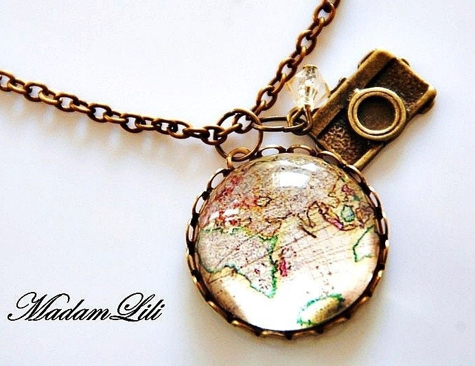 Mapa świata Globe Wisiorek Łańcuch Vintage Style - Biżuteria Globetrotter - Vik-08