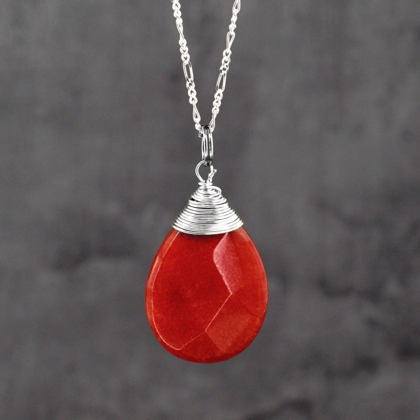 Jade Drop Silver Chain - 925 Sterling Granat Crystal Red Gem Necklace - K925-42