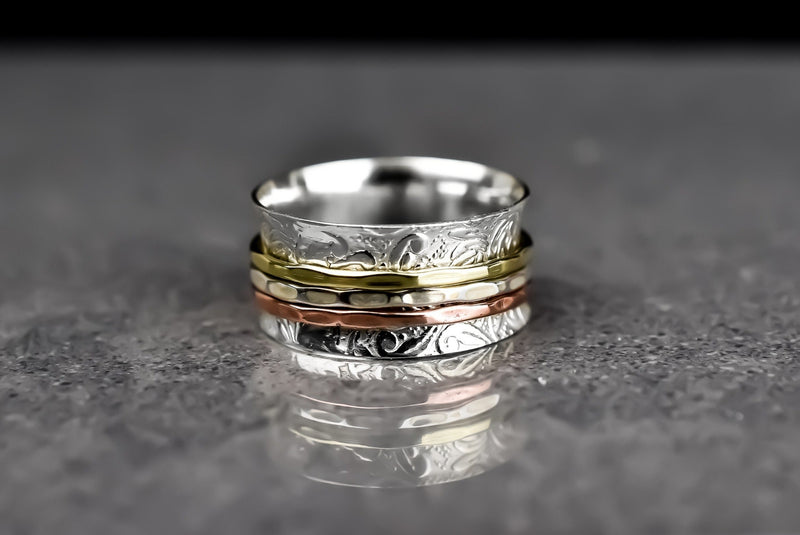 Floraler Meditationsring mit Dreifarbigen Band - 925 Sterling Silber Drehring - RG925-25