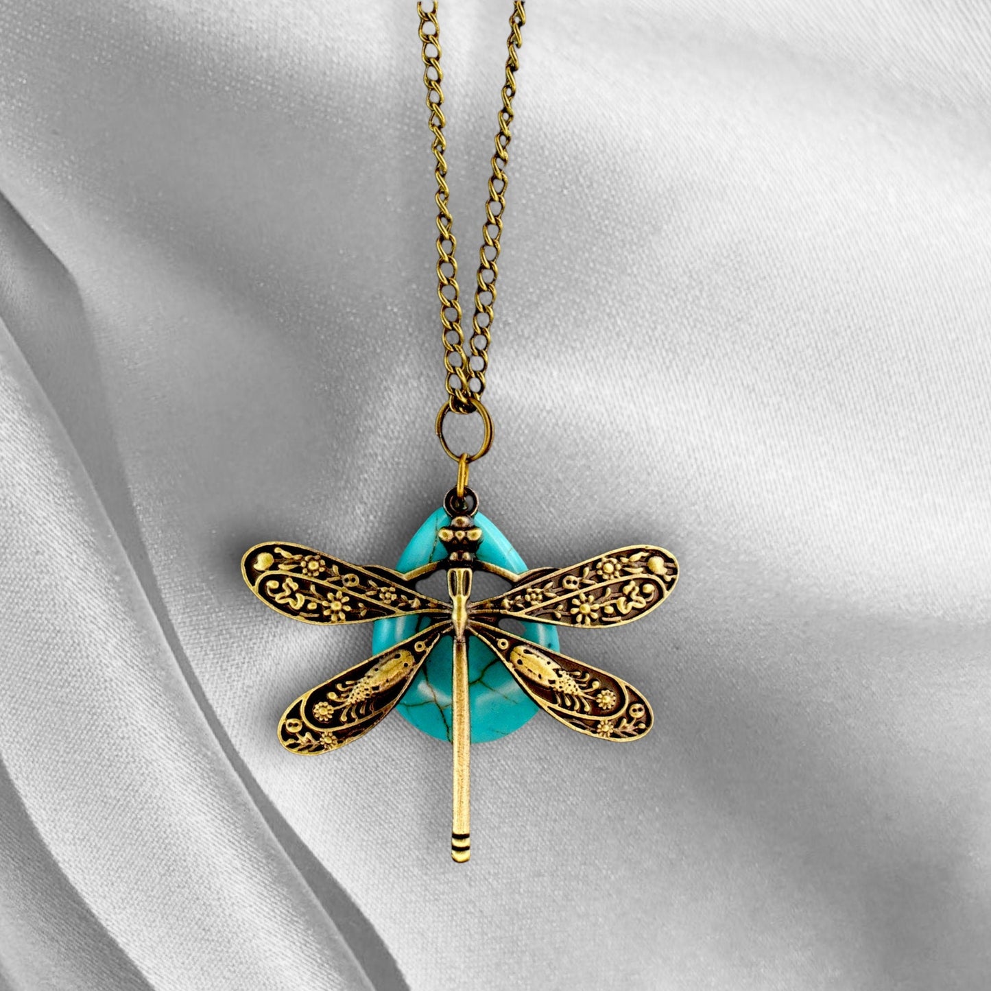 Turkusowy Drop Dragonflies Łańcuch wisiorek - Brązowy Dragonfly Blue Gem Necklace - Vik-124