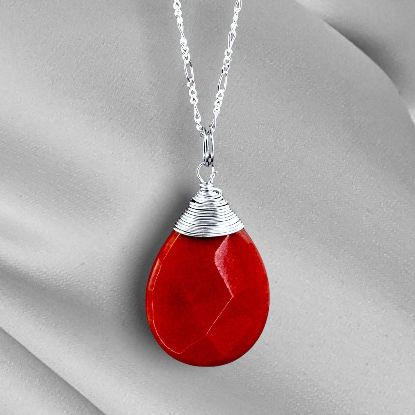 Jade Drop Silver Chain - 925 Sterling Granat Crystal Red Gem Necklace - K925-42