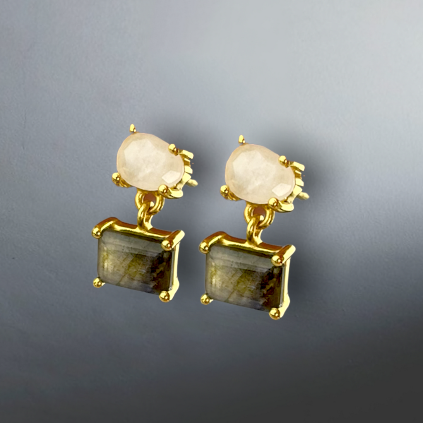 Luksusowy Labradorite & Moonstone Gemstone Stud Kolczyki - 925 Sterling Gold - EAR925-111