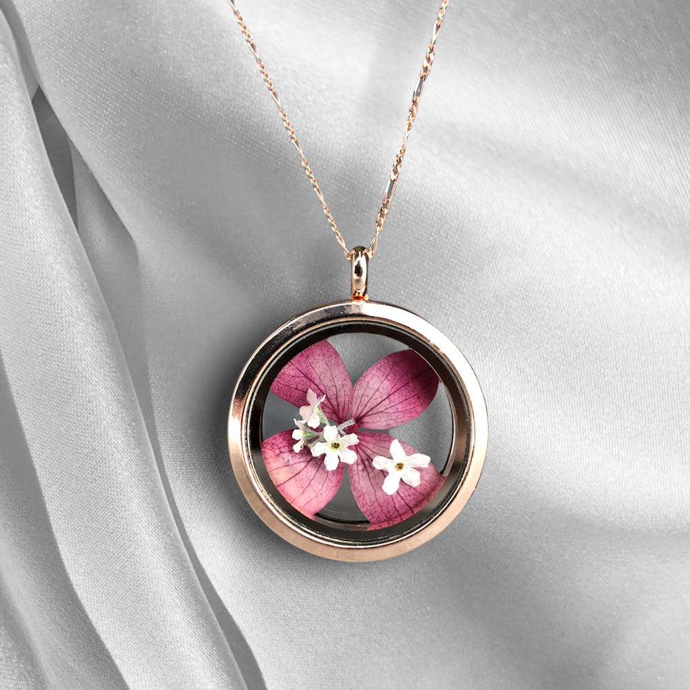 Hortensja i Forget-Me-Blossoms 925 Sterling RoseGold Zielony Łańcuch Medalion