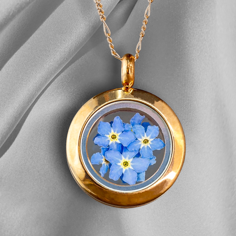 Rosegold Pozłacane medalion Forget-Me-nie - 925 Sterling Pozłacany łańcuch z prawdziwymi kwiatami - K925-126